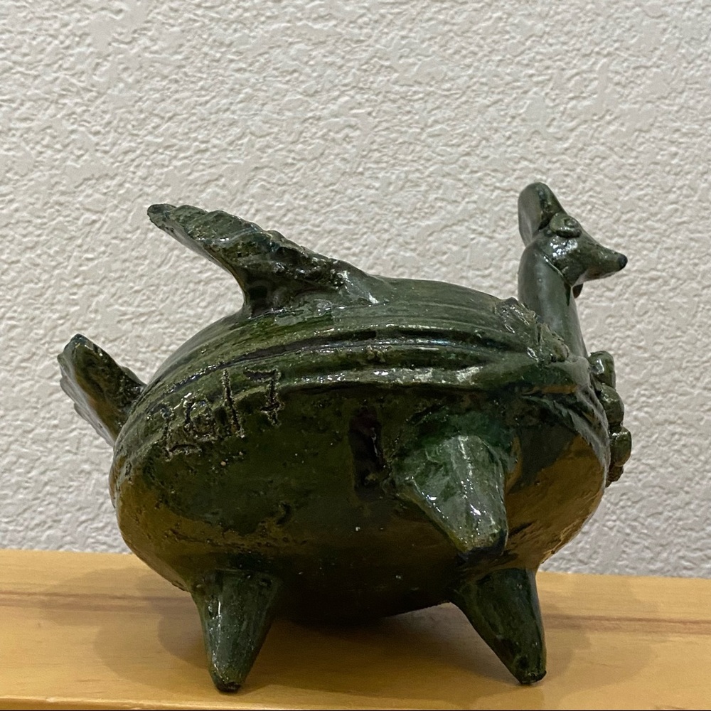 Unique Green Clay Pottery Animal Sculpture Peacock Footed Dish Planter Decor - Picture 8 of 15